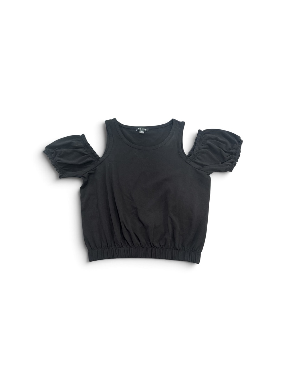 VENUS Black Cold-Shoulder Cropped Short Sleeve Top